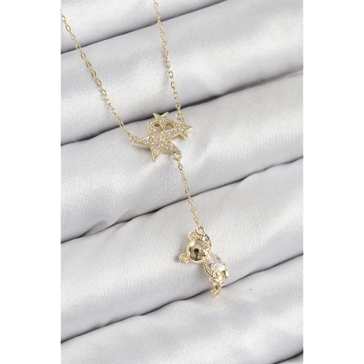 Pirinç Zirkon Taşlı Sallantılı Ayıcıklı Yıldız Model Gold Renk Kadın Kolye