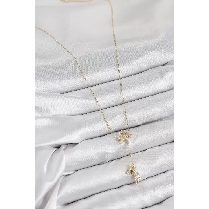 Pirinç Zirkon Taşlı Sallantılı Ayıcıklı Yıldız Model Gold Renk Kadın Kolye