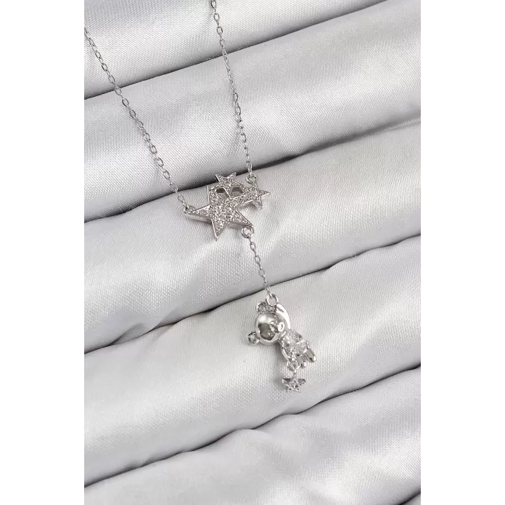 Pirinç Zirkon Taşlı Sallantılı Ayıcıklı Yıldız Model Gümüş Renk Kadın Kolye