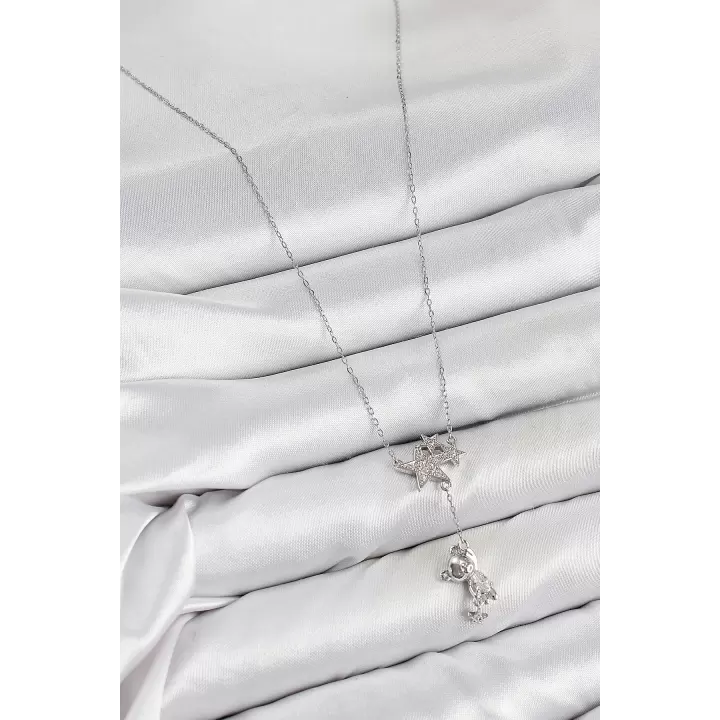 Pirinç Zirkon Taşlı Sallantılı Ayıcıklı Yıldız Model Gümüş Renk Kadın Kolye
