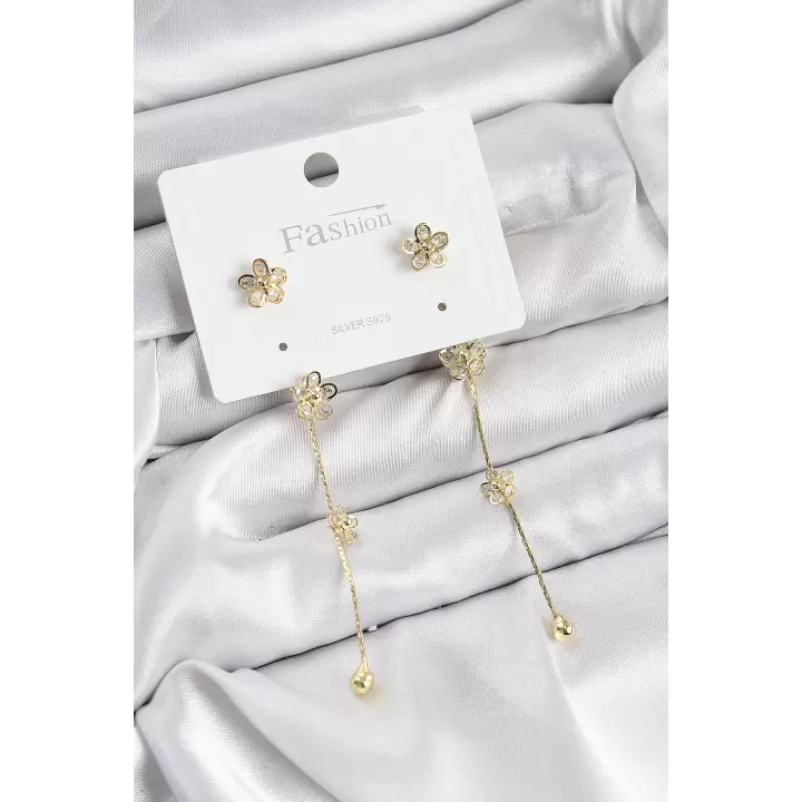 Pirinç Zirkon Taşlı Sallantılı Çiçek Model Gold Renk 925 Ayar Gümüş Çivi Kadın Küpe