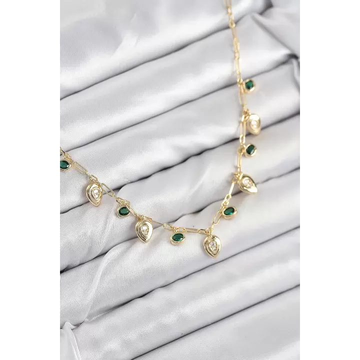 Pirinç Zirkon Taşlı Sallantılı Damla Model Gold Renk Kadın Kolye