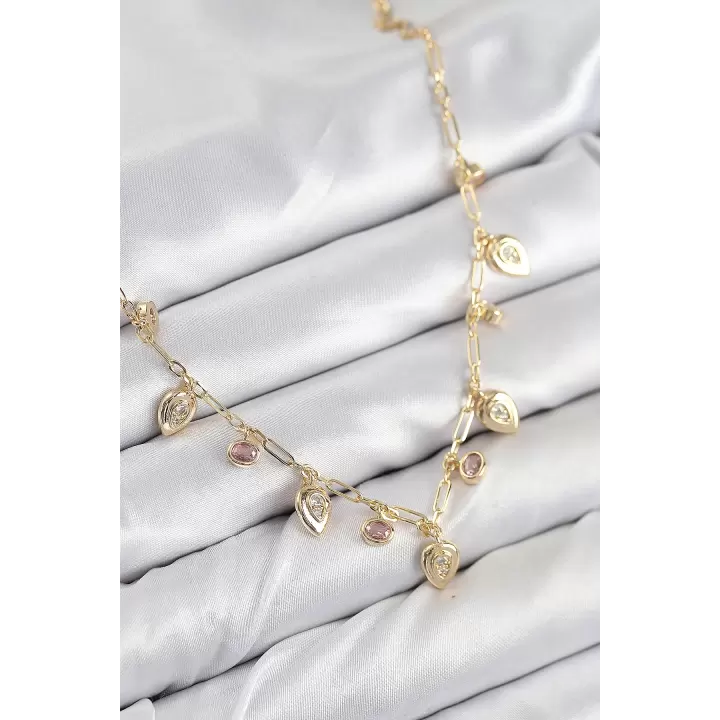 Pirinç Zirkon Taşlı Sallantılı Damla Model Gold Renk Kadın Kolye