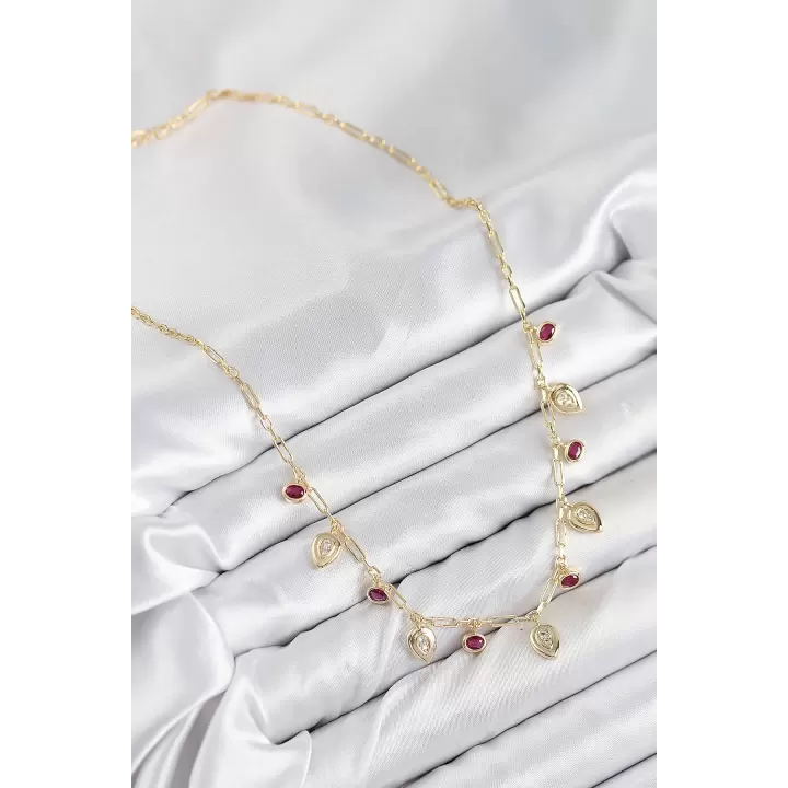 Pirinç Zirkon Taşlı Sallantılı Damla Model Gold Renk Kadın Kolye