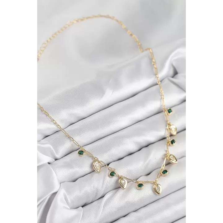Pirinç Zirkon Taşlı Sallantılı Damla Model Gold Renk Kadın Kolye