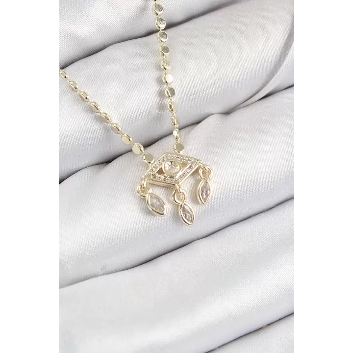 Pirinç Zirkon Taşlı Sallantılı Göz Model Ezme Zincir Gold Renk Kadın Kolye
