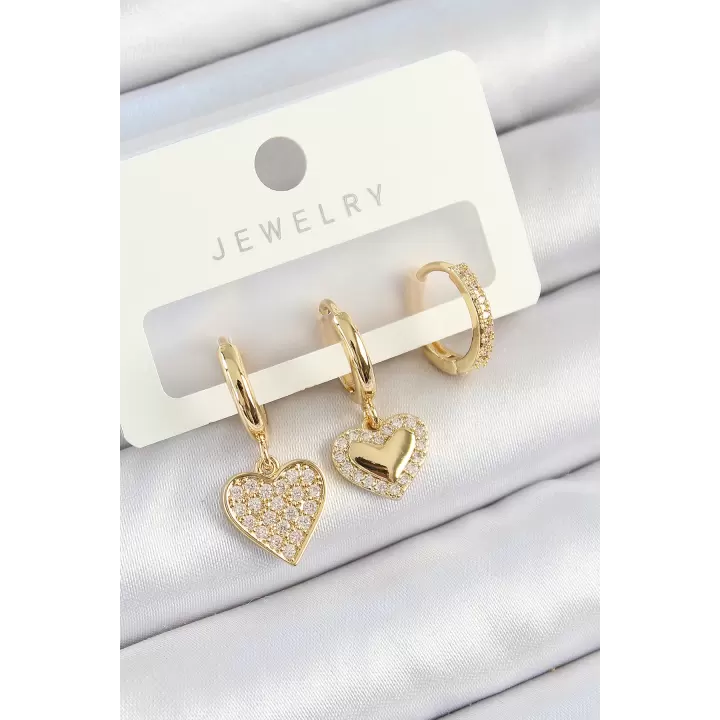 Pirinç Zirkon Taşlı Sallantılı Kalp Model Gold Renk 3lü Çift Kadın Küpe Set