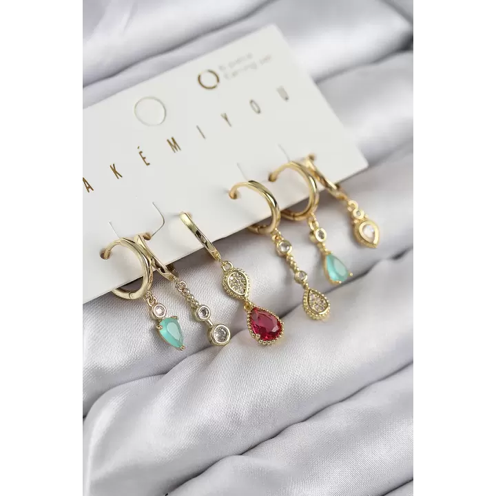 Pirinç Zirkon Taşlı Sallantılı Model Gold Renk 6lı Küpe Set