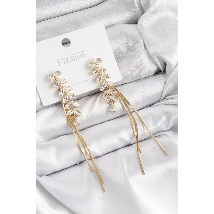 Pirinç Zirkon Taşlı Sallantılı Model Gold Renk 925 Ayar Gümüş Çivi Kadın Küpe
