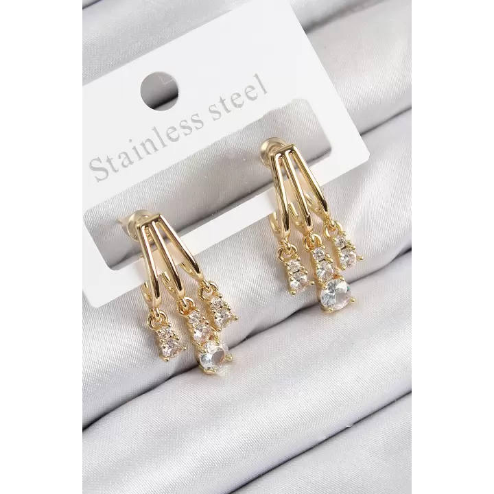 Pirinç Zirkon Taşlı Sallantılı Model Gold Renk Kadın Küpe