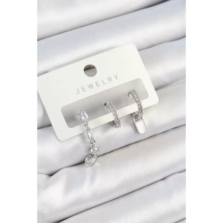 Pirinç Zirkon Taşlı Sallantılı Model Gümüş Renk 3lü Çift Kadın Küpe Set