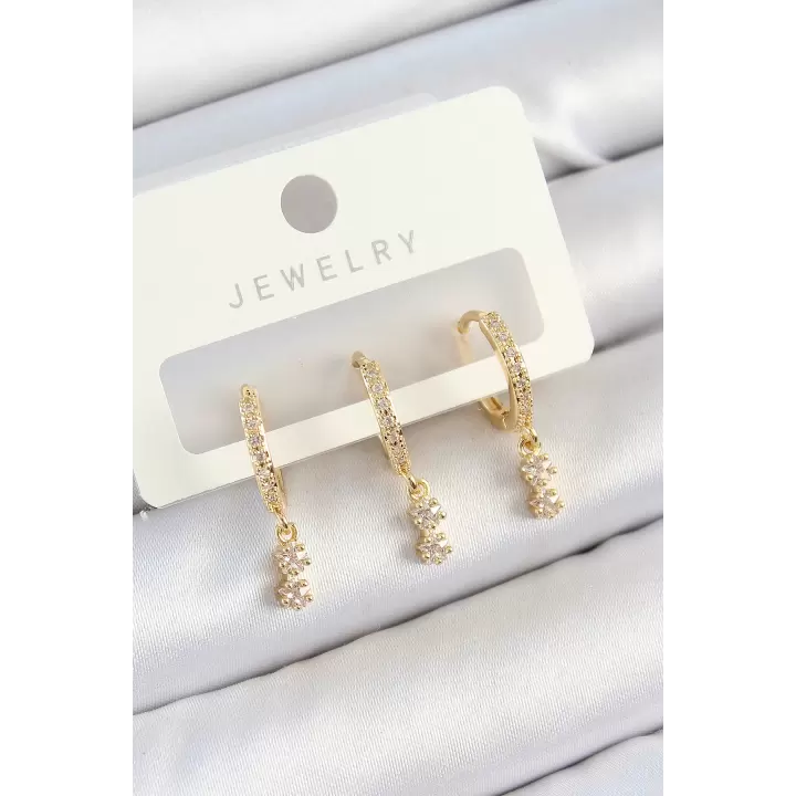 Pirinç Zirkon Taşlı Sallantılı Yıldız Model Gold Renk 3lü Çift Kadın Küpe Set