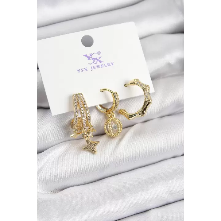 Pirinç Zİrkon Taşlı Sallantılı Yıldız Model Gold Renk 3lü Kadın Küpe