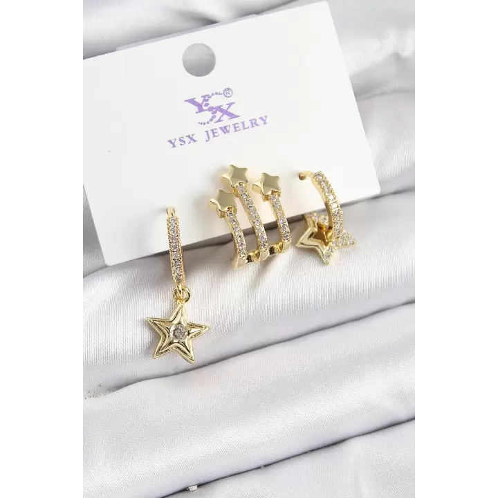 Pirinç Zİrkon Taşlı Sallantılı Yıldız Model Gold Renk 3lü Kadın Küpe