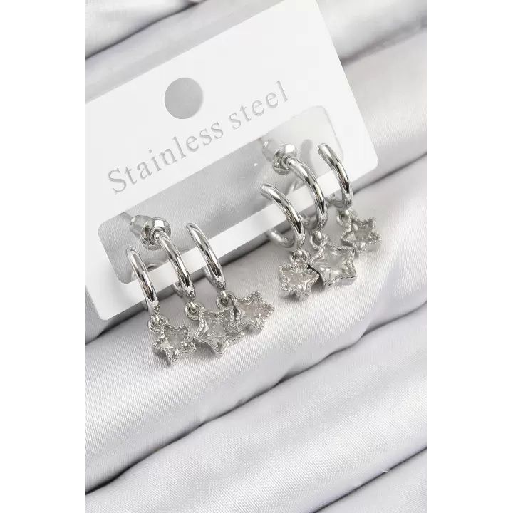 Pirinç Zirkon Taşlı Sallantılı Yıldız Model Gümüş Renk Kadın Küpe