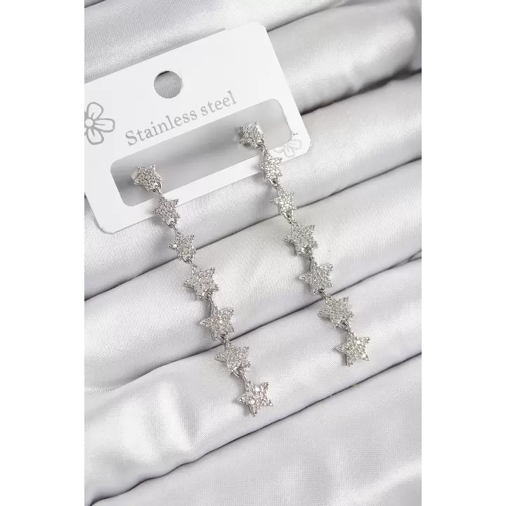 Pirinç Zirkon Taşlı Sallantılı Yıldız Model Gümüş Renk Kadın Küpe