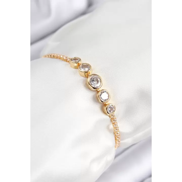 Pirinç Zirkon Taşlı Sıralı Daire Model Gold Renk Asansörlü Kadın Bileklik