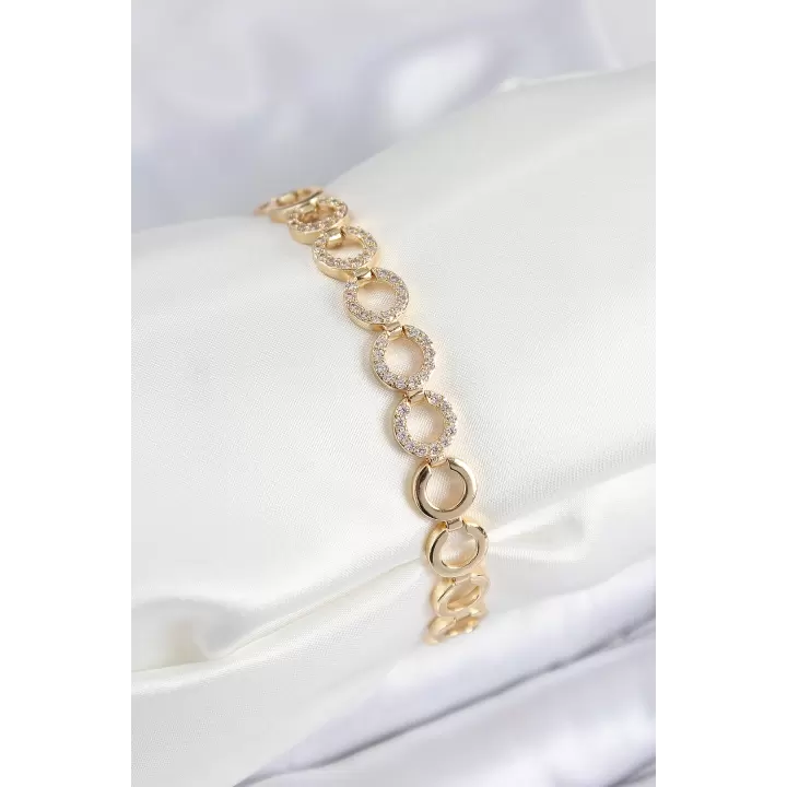 Pirinç Zirkon Taşlı Sıralı Halka Model Gold Renk Kadın Bileklik