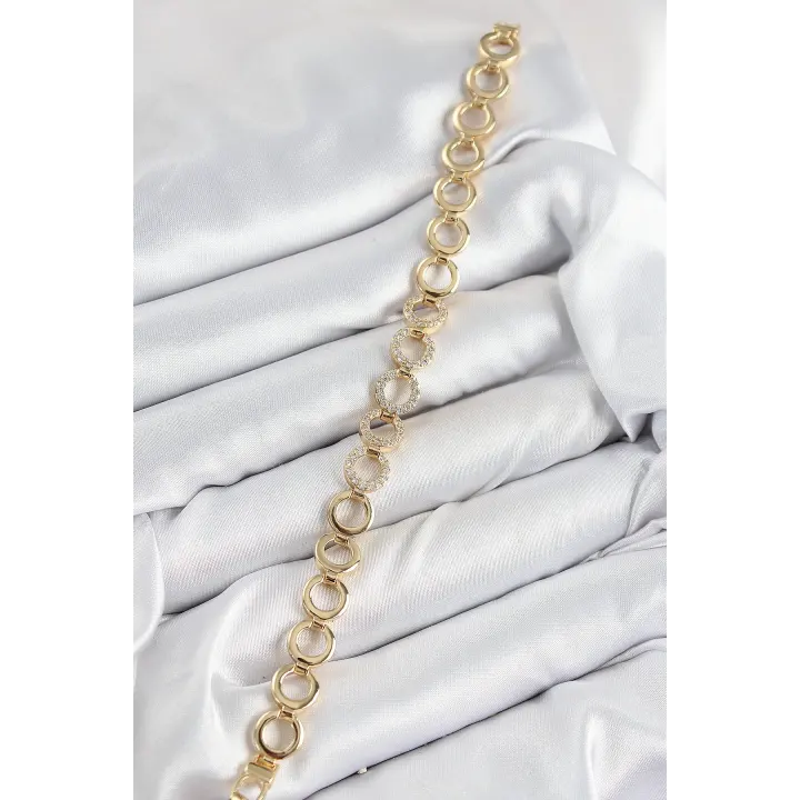 Pirinç Zirkon Taşlı Sıralı Halka Model Gold Renk Kadın Bileklik