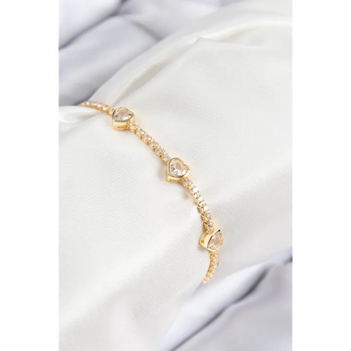 Pirinç Zirkon Taşlı Sıralı Kalp Model Gold Renk Kadın Bileklik