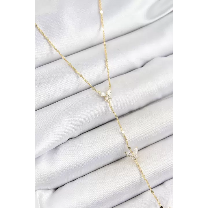 Pirinç Zirkon Taşlı Sıralı Kelebek Figürlü Y Model Gold Renk Kadın Kolye