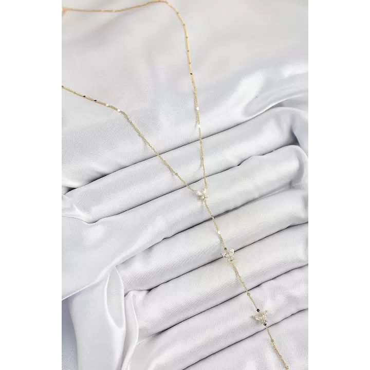 Pirinç Zirkon Taşlı Sıralı Kelebek Figürlü Y Model Gold Renk Kadın Kolye