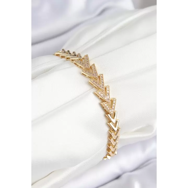 Pirinç Zirkon Taşlı Sıralı Ok Model Gold Renk Kadın Bileklik