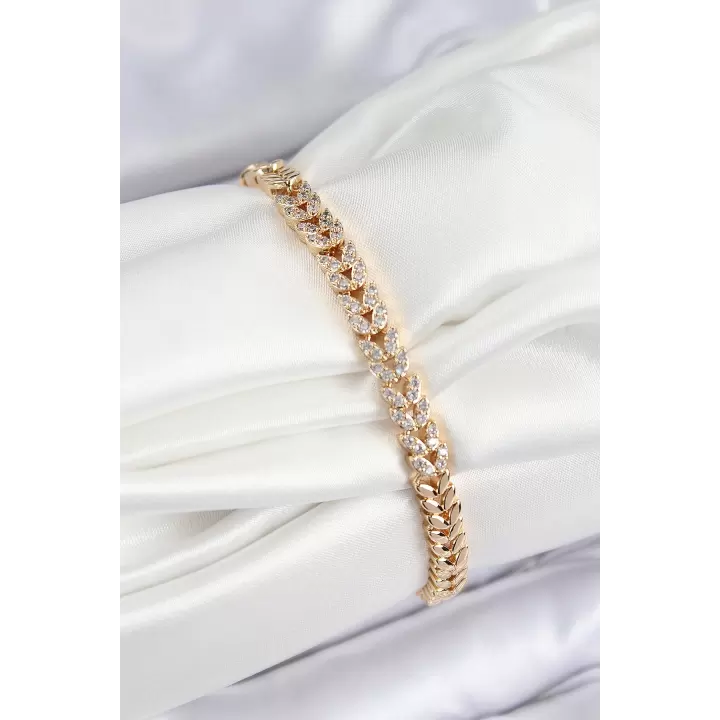 Pirinç Zirkon Taşlı Sıralı Yaprak Model Gold Renk Kadın Bileklik