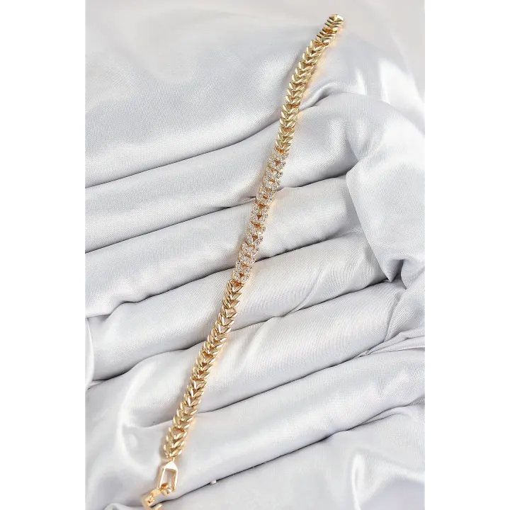 Pirinç Zirkon Taşlı Sıralı Yaprak Model Gold Renk Kadın Bileklik