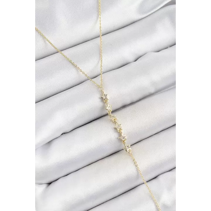 Pirinç Zirkon Taşlı Sıralı Yıldız Figürlü Y Model Gold Renk Kadın Kolye