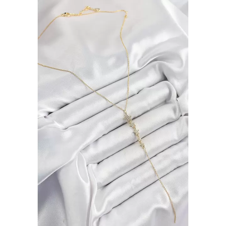 Pirinç Zirkon Taşlı Sıralı Yıldız Figürlü Y Model Gold Renk Kadın Kolye