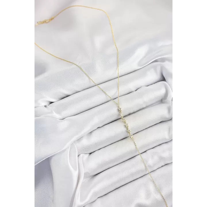 Pirinç Zirkon Taşlı Sıralı Yıldız Figürlü Y Model Gold Renk Kadın Kolye