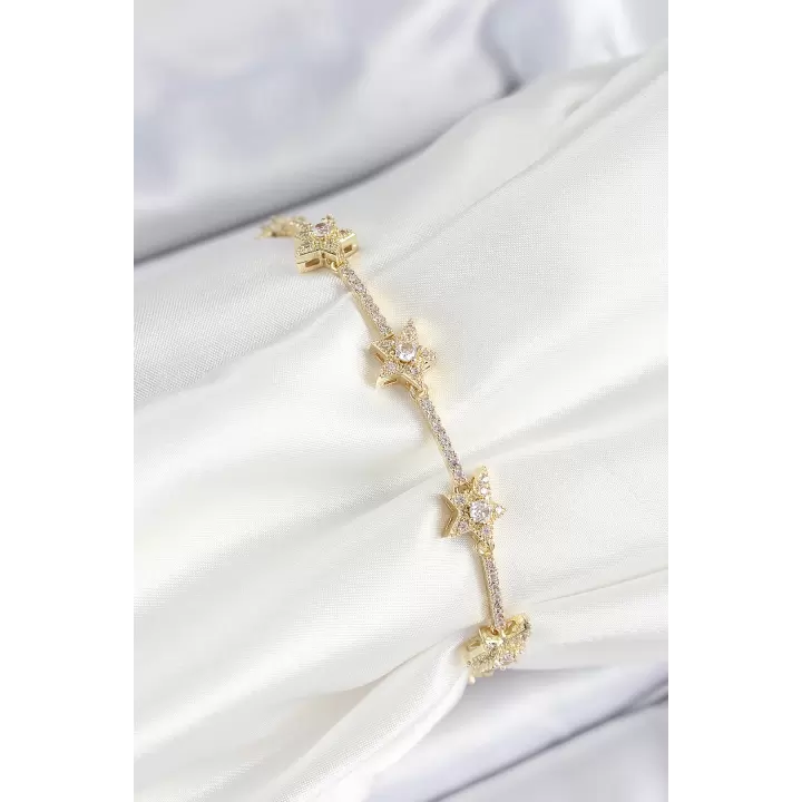 Pirinç Zirkon Taşlı Sıralı Yıldız Model Gold Renk Kadın Bileklik