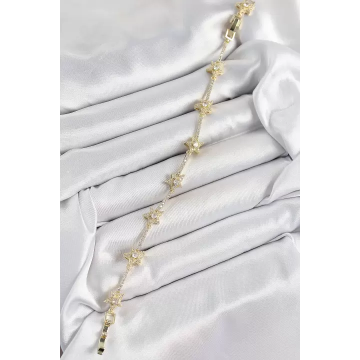 Pirinç Zirkon Taşlı Sıralı Yıldız Model Gold Renk Kadın Bileklik