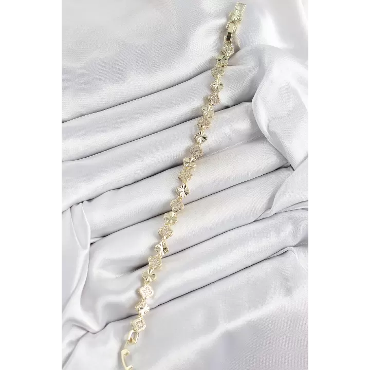 Pirinç Zirkon Taşlı Sıralı Yonca Model Gold Renk Kadın Bileklik