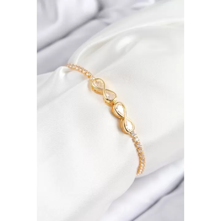 Pirinç Zirkon Taşlı Sonsuzluk Model Gold Renk Asansörlü Kadın Bileklik