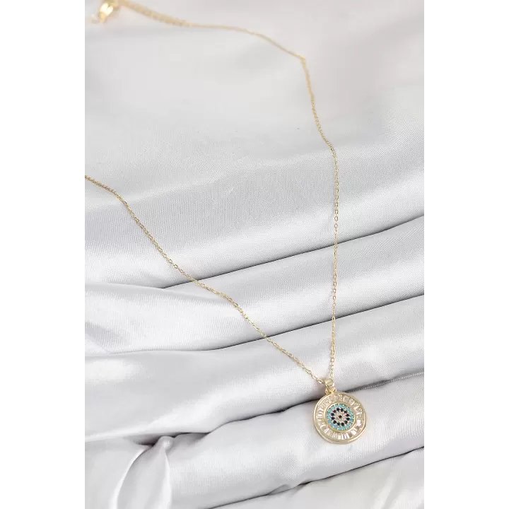 Pirinç Zirkon Taşlı Su Yolu Nazar Model Gold Renk Kadın Kolye