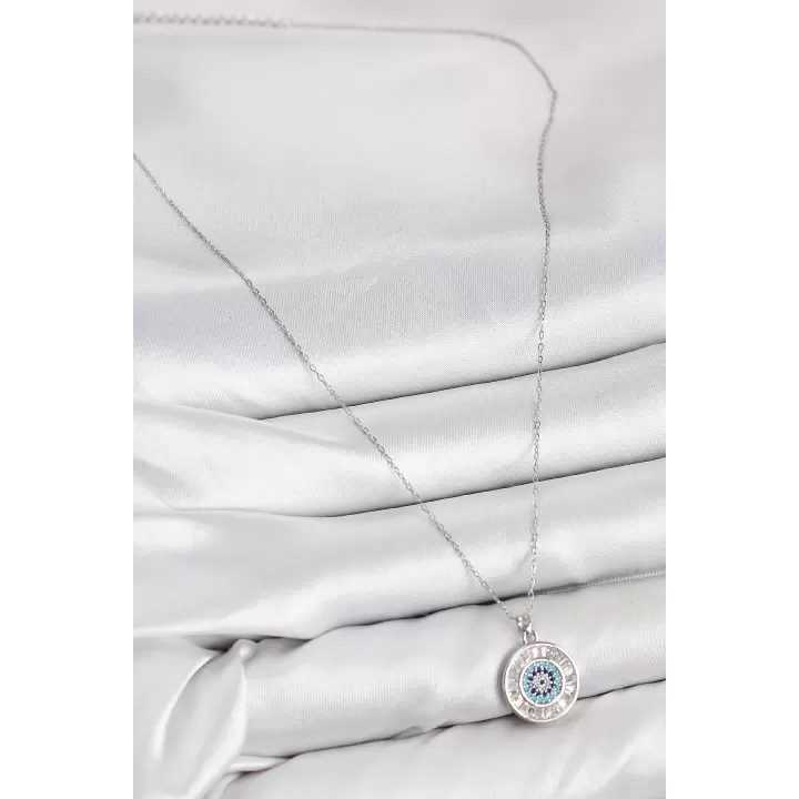 Pirinç Zirkon Taşlı Su Yolu Nazar Model Gümüş Renk Kadın Kolye