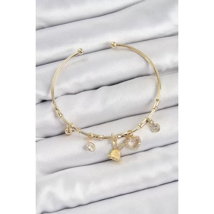 Pirinç Zirkon Taşlı Tavşan Ve Kalp Model Gold Renk Charm Bileklik
