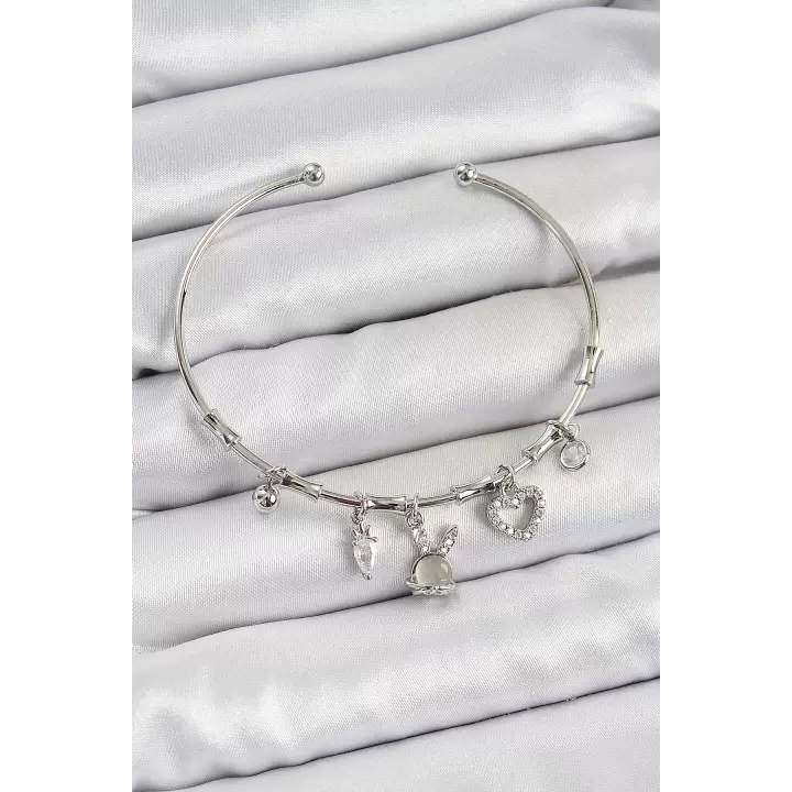 Pirinç Zirkon Taşlı Tavşan Ve Kalp Model Gümüş Renk Charm Bileklik