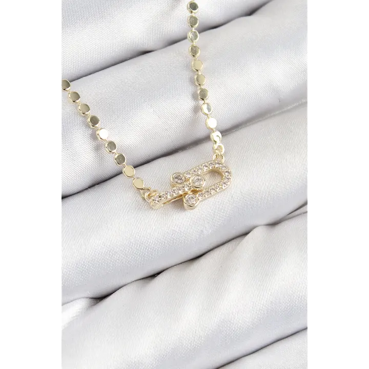 Pirinç Zirkon Taşlı Tifany Model Ezme Zincir Gold Renk Kadın Kolye