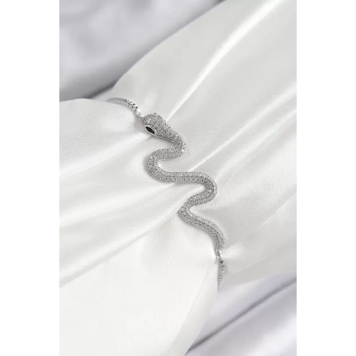 Pirinç Zirkon Taşlı Yılan Model Gümüş Renk Asansörlü Kadın Bileklik
