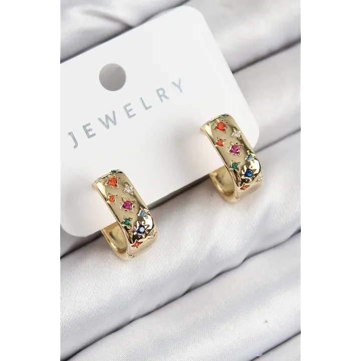 Pirinç Zirkon Taşlı Yıldız Desen Model Gold Renk Kadın Küpe