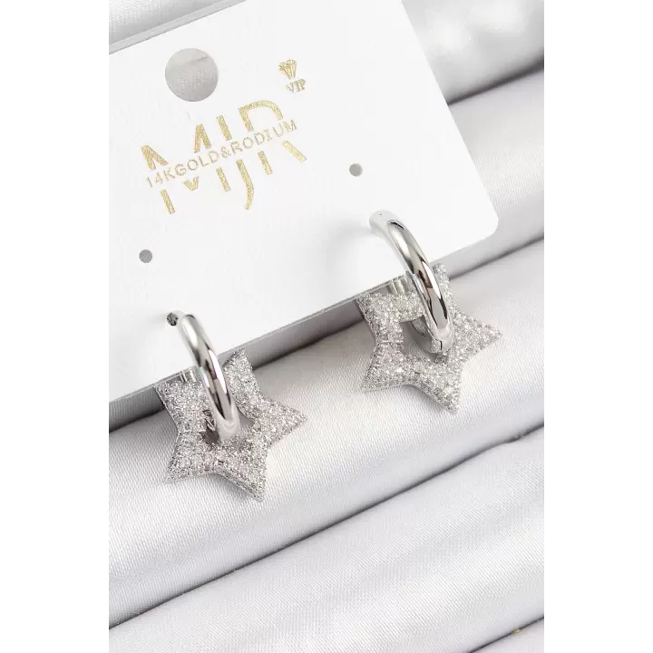 Pirinç Zirkon Taşlı Yıldız Figürlü Halka Model Gümüş Renk Kadın Küpe