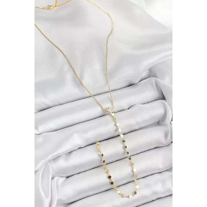Pirinç Zirkon Taşlı Yıldız Figürlü Y Model Gold Renk Kadın Kolye