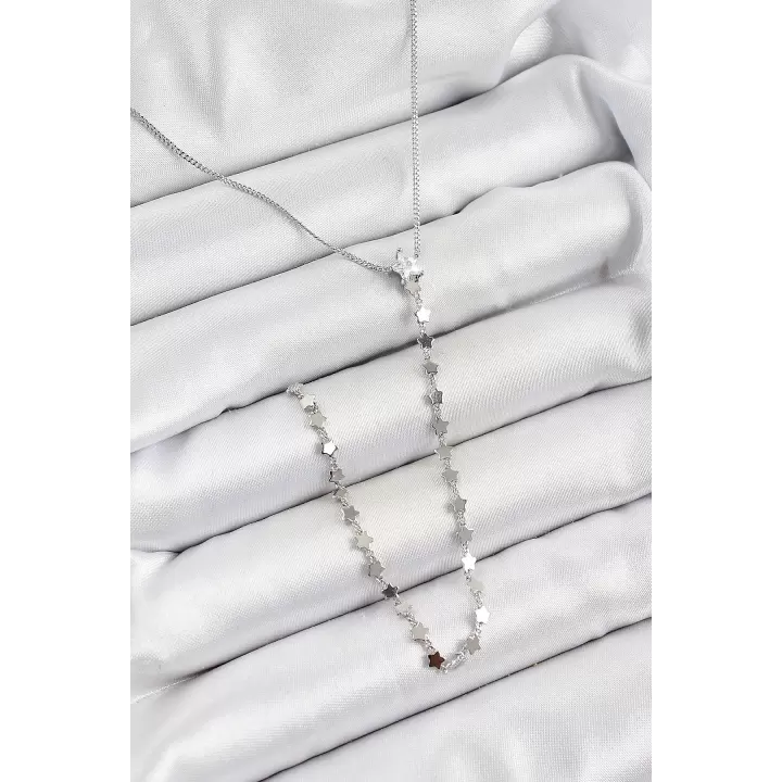 Pirinç Zirkon Taşlı Yıldız Figürlü Y Model Gümüş Renk Kadın Kolye