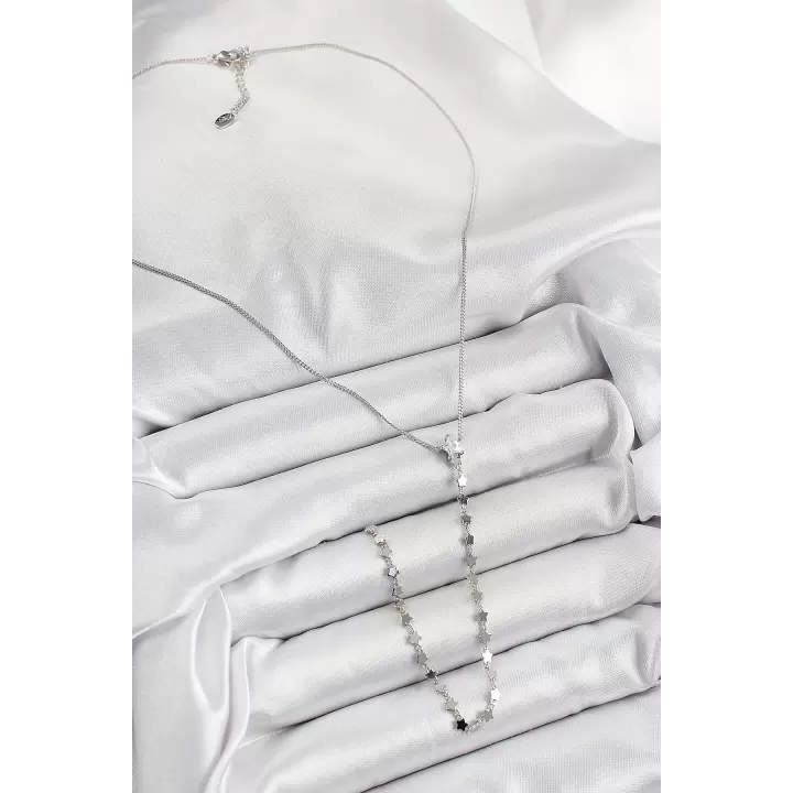 Pirinç Zirkon Taşlı Yıldız Figürlü Y Model Gümüş Renk Kadın Kolye