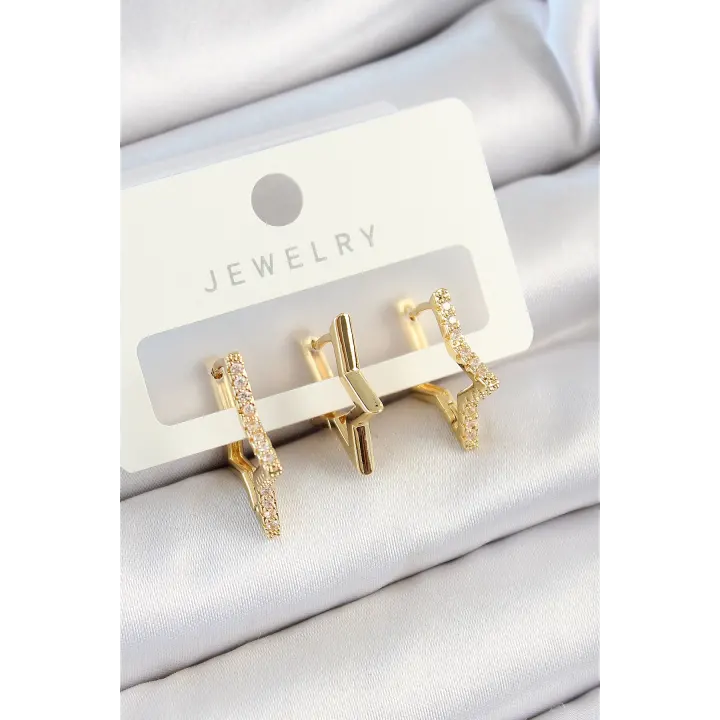 Pirinç Zirkon Taşlı Yıldız Model Gold Renk 3lü Çift Kadın Küpe Set