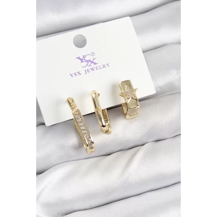 Pirinç Zİrkon Taşlı Yıldız Model Gold Renk 3lü Kadın Küpe
