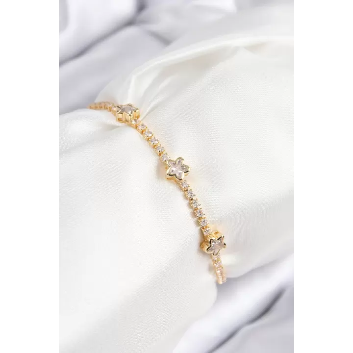 Pirinç Zirkon Taşlı Yıldız Model Gold Renk Asansörlü Kadın Bileklik